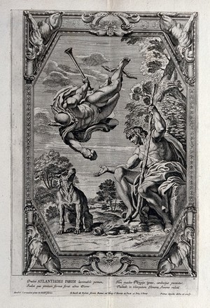 view Mercury (Hermes) offering a golden apple to Paris. Etching by P. Aquila after Annibale Carracci.