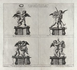 view Cupids: four examples of the relations between heavenly and profane love. Etching by P. Aquila after Annibale Carracci.