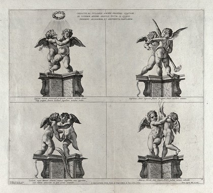 Cupids: four examples of the relations between heavenly and profane love. Etching by P. Aquila after Annibale Carracci.