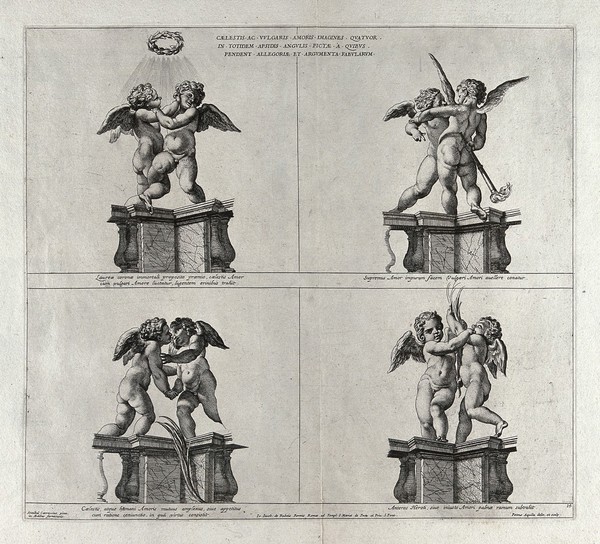 Cupids: four examples of the relations between heavenly and profane love. Etching by P. Aquila after Annibale Carracci.