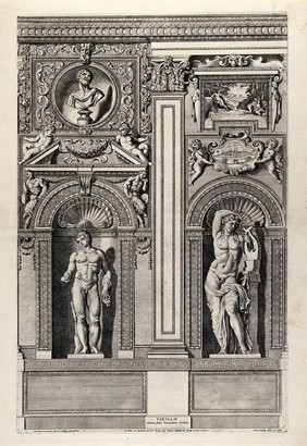 Palazzo Farnese, Rome: a wall of the gallery. Etching by P. Aquila after Annibale Carracci.