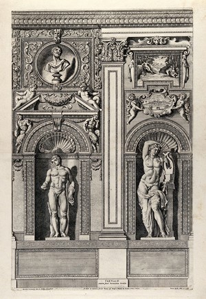 view Palazzo Farnese, Rome: a wall of the gallery. Etching by P. Aquila after Annibale Carracci.