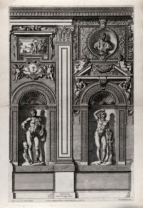 Palazzo Farnese, Rome: a wall of the gallery. Etching by P. Aquila after Annibale Carracci.