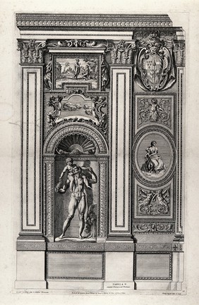 Palazzo Farnese, Rome: a wall of the gallery. Etching by P. Aquila after Annibale Carracci.