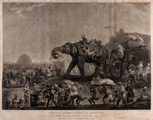 view An embassy of the Nawab of Oudh (Awadh), led by his minister Haider Beg Khan, passing Patna on its way to Lord Cornwallis, the new Governor-General of India, in Calcutta in 1786. Mezzotint by R. Earlom, 1800,  after J. Zoffany, 1796.