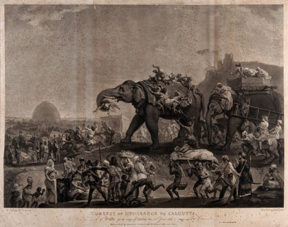An embassy of the Nawab of Oudh (Awadh), led by his minister Haider Beg Khan, passing Patna on its way to Lord Cornwallis, the new Governor-General of India, in Calcutta in 1786. Mezzotint by R. Earlom, 1800,  after J. Zoffany, 1796.