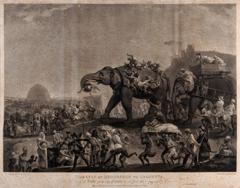 An embassy of the Nawab of Oudh (Awadh), led by his minister Haider Beg Khan, passing Patna on its way to Lord Cornwallis, the new Governor-General of India, in Calcutta in 1786. Mezzotint by R. Earlom, 1800, after J. Zoffany, 1796., 12th. July, 1800, by Johann Zoffany