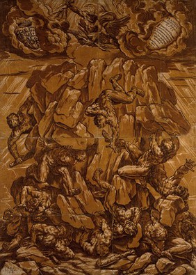 The fall of the giants. Colour woodcut by B. Coriolano, 1638, after G. Reni.