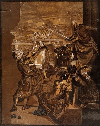 A man charged with punishing a slave who venerated the relics of Saint Mark shows that his instrument of torture was broken by a miracle. Colour woodcut by J.B. Jackson, 1731/1745, after J. Robusti, il Tintoretto.