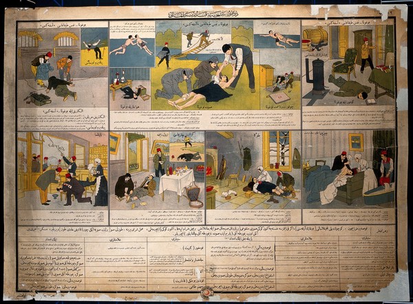 First aid for lay people before the doctor arrives. Colour lithograph, ca. 1920.