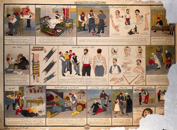 First aid for lay people before the doctor arrives. Colour lithograph, ca. 1920.