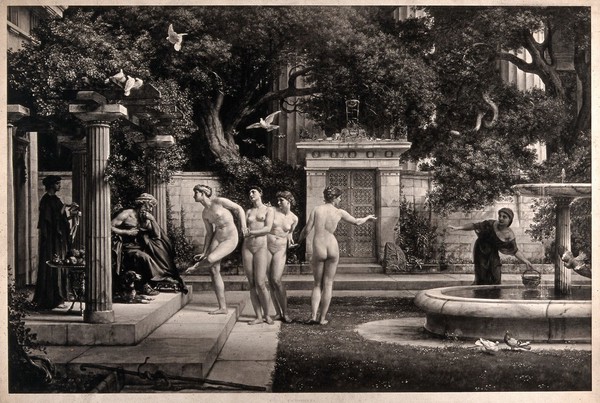 Venus visits Aesculapius to ask him to remove a thorn from her foot. Collotype after Sir E.J. Poynter, ca. 1880.