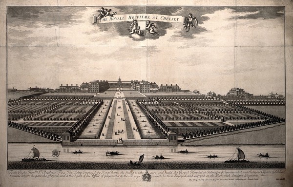 The Royal Hospital at Chelsea; Stephen Fox, the architect, in a boat on the Thames in the foreground. Engraving by J. Kip, ca. 1707.