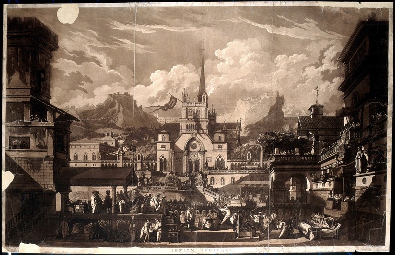 An academic doctoral disputation, in which the production of a medical thesis is compared to human excretion. Aquatint by J.F. Martin after L.J. Desprez, 179-., [between 1790 and 1799?], by Louis Jean Desprez