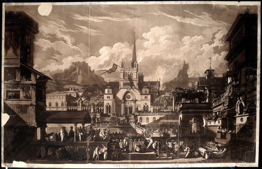 An academic doctoral disputation, in which the production of a medical thesis is compared to human excretion. Aquatint by J.F. Martin after L.J. Desprez, 179-.