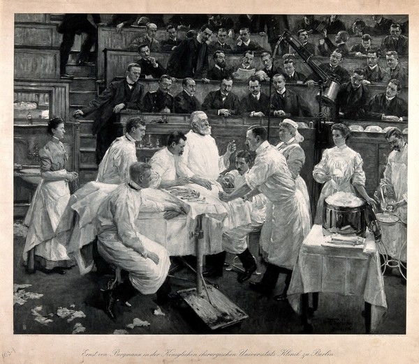 Ernst von Bergmann operating in an amphitheatre. Photogravure, 1907, after F. Skarbina, 1906.