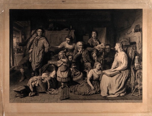 A blind girl reads the Bible by touch to her illiterate family in the dark; one man is tempted to go out and enjoy drunken revels in the daylight; representing light and darkness of the understanding. Engraving by W. Ridgway, 1871, after G. Smith.