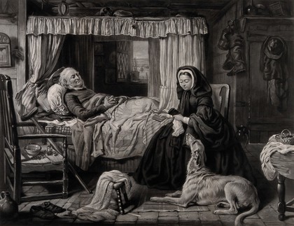 A dying fisherman lying in bed is being consoled by Queen Victoria, seated by his side. Engraving by W.H. Simmons after G. Steell, ca. 1865.