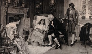 view A Georgian physician is attending a sick girl; father in the background, mother seated in an armchair in the foreground. Photogravure after G.S. Knowles, 1906.