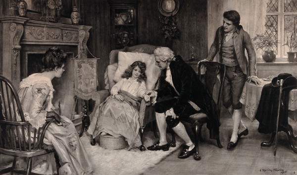 A Georgian physician is attending a sick girl; father in the background, mother seated in an armchair in the foreground. Photogravure after G.S. Knowles, 1906.