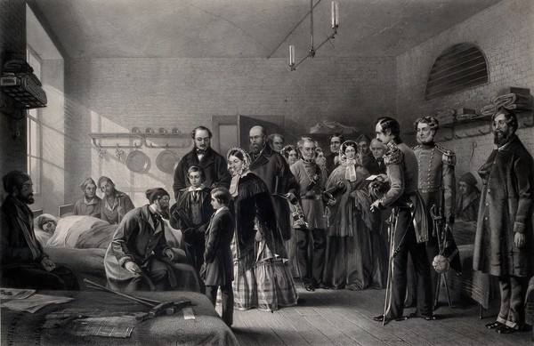 Queen Victoria visiting soldiers wounded in the Crimean war. Mezzotint by T.O. Barlow, 1859, after Jerry Barrett.