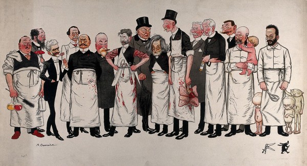 Fifteen French doctors wearing aprons and holding various instruments. Colour lithograph by A. Barrère, ca. 1903.