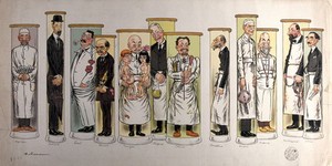 view Twelve doctors standing in test tubes. Colour lithograph by A. Barrère, ca. 1910.