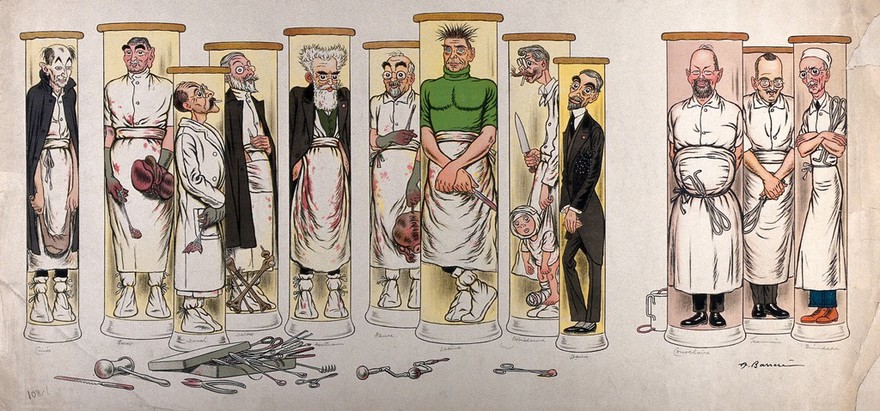 Twelve French surgeons portrayed as pathological specimens in glass jars. Colour lithograph by A. Barrère, ca. 1910.