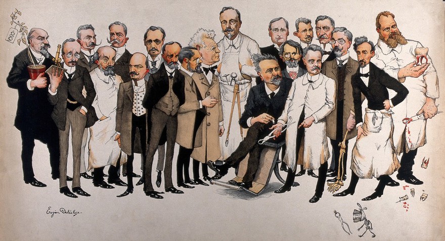 Twenty French dentists holding instruments. Colour lithograph by E. Delécluse, ca. 1910.
