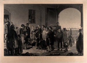 view Florence Nightingale at Scutari. Mezzotint by S. Bellin, 1861, after J. Barrett, ca. 1855.