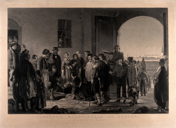 Florence Nightingale at Scutari. Mezzotint by S. Bellin, 1861, after J. Barrett, ca. 1855.