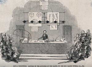 view Baden Powell lecturing on the rotation of the earth at the Royal Institution, London. Wood engraving, 185-.