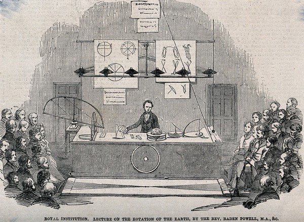 Baden Powell lecturing on the rotation of the earth at the Royal Institution, London. Wood engraving, 185-.