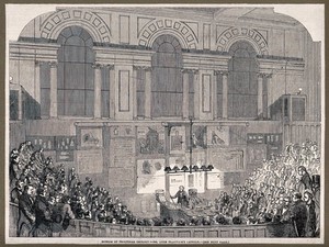 view Museum of Practical Geology: a lecture by Lyon Playfair on the chemistry, manufacture and uses of glass. Wood engraving, 1852.