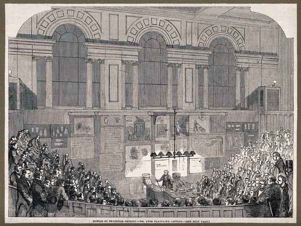 Museum of Practical Geology: a lecture by Lyon Playfair on the chemistry, manufacture and uses of glass. Wood engraving, 1852.