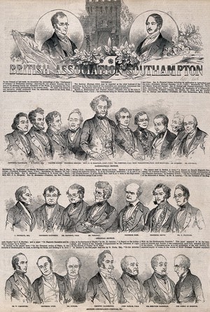 view British Association for the Advancement of Science, meeting, Southampton, 1846: some of the participants. Wood engraving, 1846.