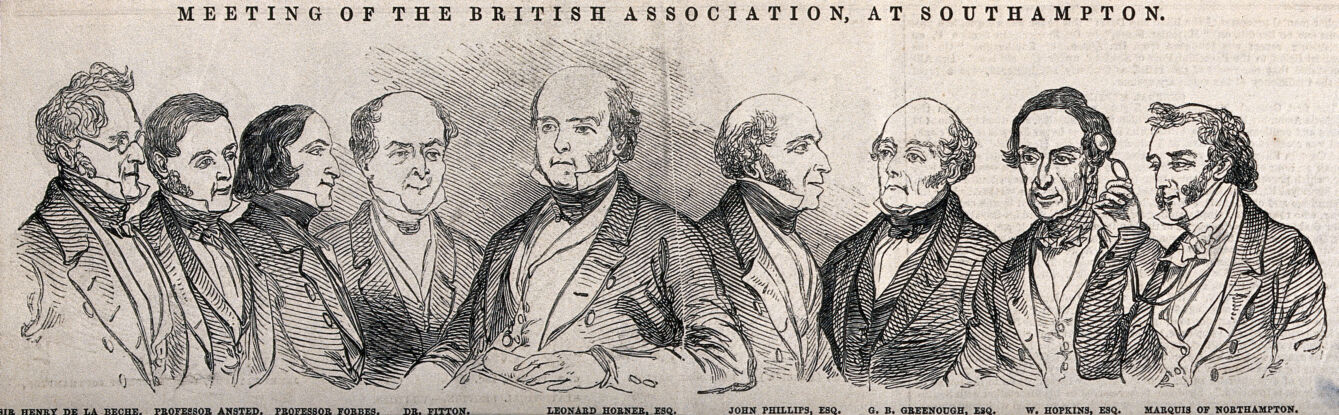 British Association for the Advancement of Science, meeting, Southampton, 1846: some of the participants. Wood engraving by Smyth, 1846.