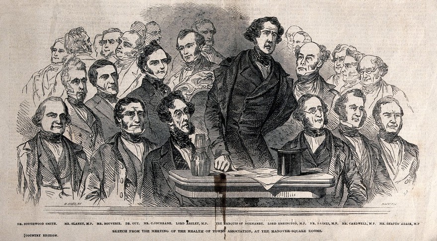 Thomas Southwood Smith speaking at a meeting of the Health of Towns Association. Wood engraving by Smyth after H. Anelay, 1847.