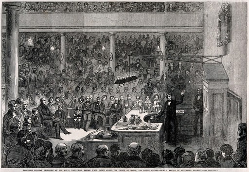 Michael Faraday lecturing at the Royal Institution: Prince Albert and his sons in the audience. Wood engraving, 1856, after A. Blaikley.