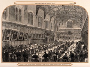 view Christ Church, Oxford: dinner of the British Medical Association. Wood engraving, 1868.