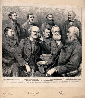 British Association for the Advancement of Science: the president-elect and presidents of departments. Wood engraving, 1883.