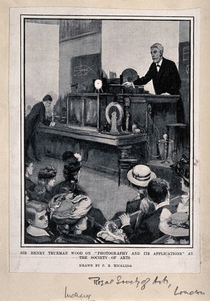 view Royal Society of Arts, London: Sir Henry Trueman Wood lecturing on photography. Halftone print after P.B. Hickling.