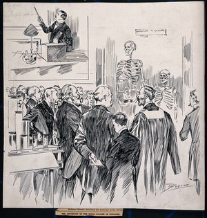 view Royal College of Surgeons of England: Charles Stewart, conservator of the museum, describing specimens to visitors on the college's centenary. Drawing by J.A. Duncan, 1900.