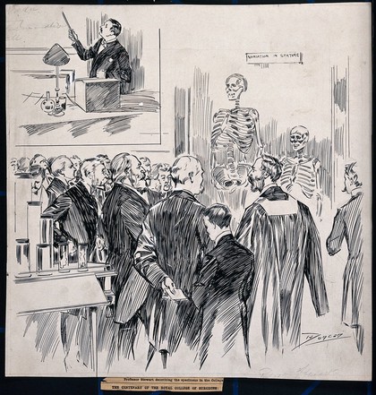 Royal College of Surgeons of England: Charles Stewart, conservator of the museum, describing specimens to visitors on the college's centenary. Drawing by J.A. Duncan, 1900.