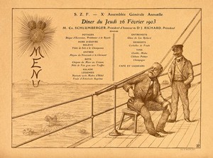 view Société Zoologique de France: the zoologist Charles Schlumberger looking at sea-creatures through a stethoscope, with Jules Richard as a sailor looking on, illustrating the menu of the society's dinner. Line block by J.T.C., 1903.
