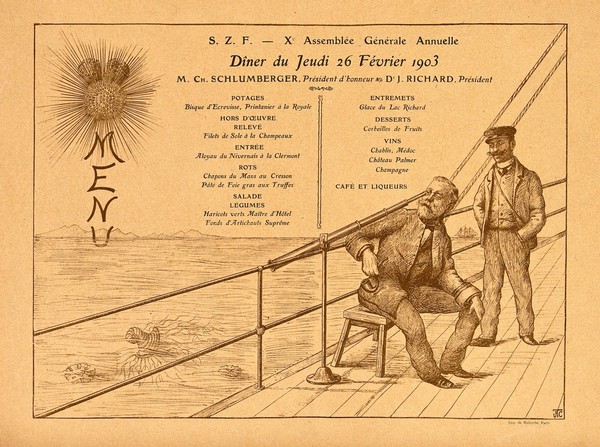 Société Zoologique de France: the zoologist Charles Schlumberger looking at sea-creatures through a stethoscope, with Jules Richard as a sailor looking on, illustrating the menu of the society's dinner. Line block by J.T.C., 1903.