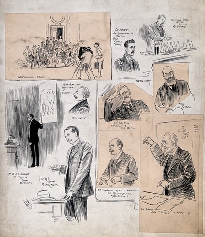 British Association for the Advancement of Science: speakers at its meeting in Cambridge in 1904. Drawing by A.S. Boyd, 1904.