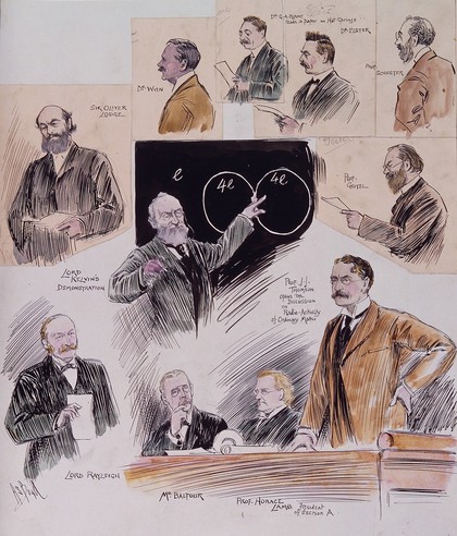 British Association for the Advancement of Science: speakers at its meeting in Cambridge in 1904. Coloured drawing by A.S. Boyd, 1904.