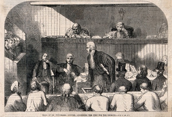 The trial of Dr Edward William Pritchard for murder by poisoning. Wood engraving, 1865.