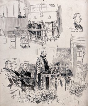 Opening ceremony for a new operating theatre at the London Hospital. Drawing by G.K. Jones, 1892.